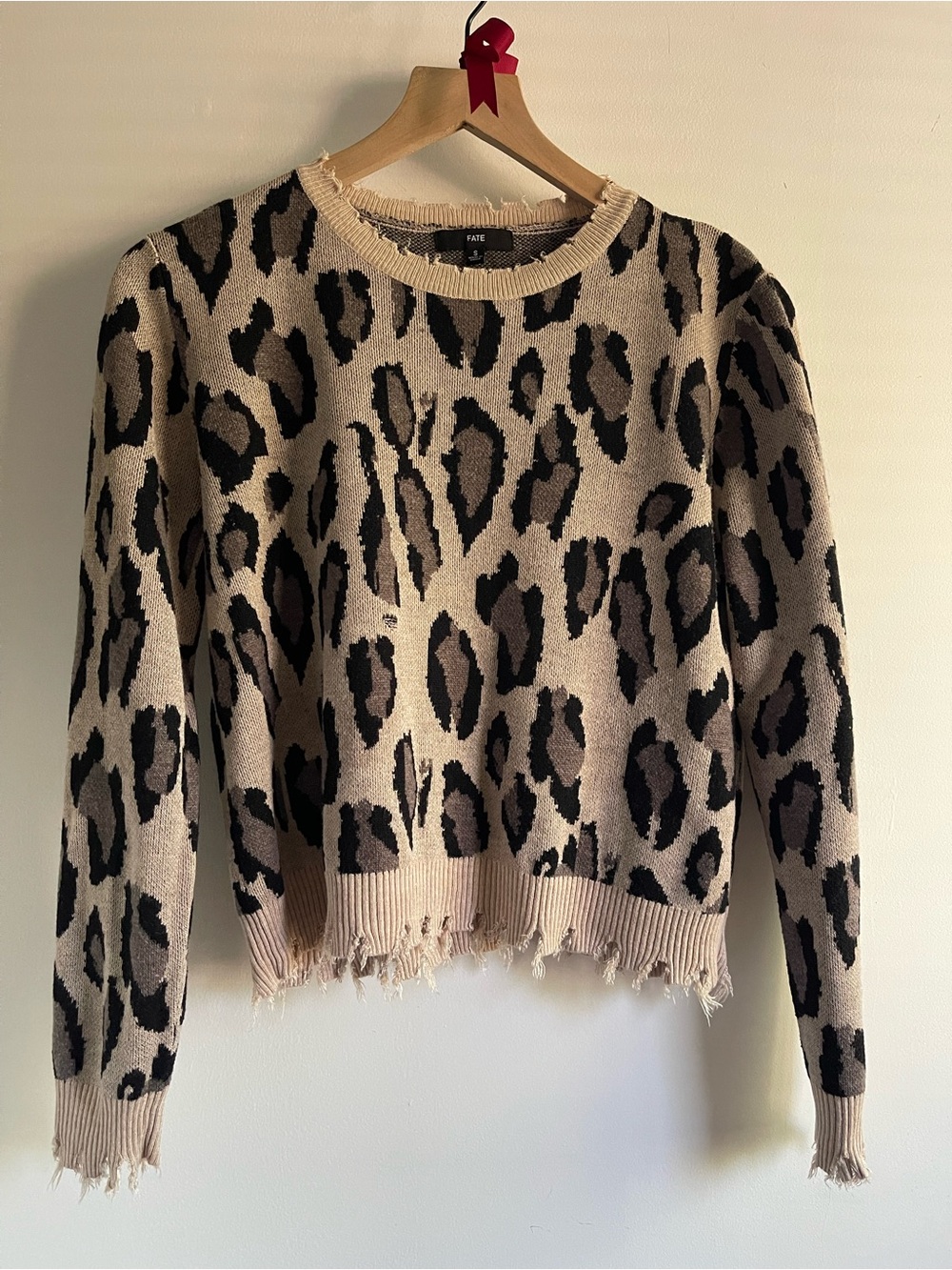 FATE by Anthropologie Leopard Print Distressed Sweater Size S Cheetah Boho Chic